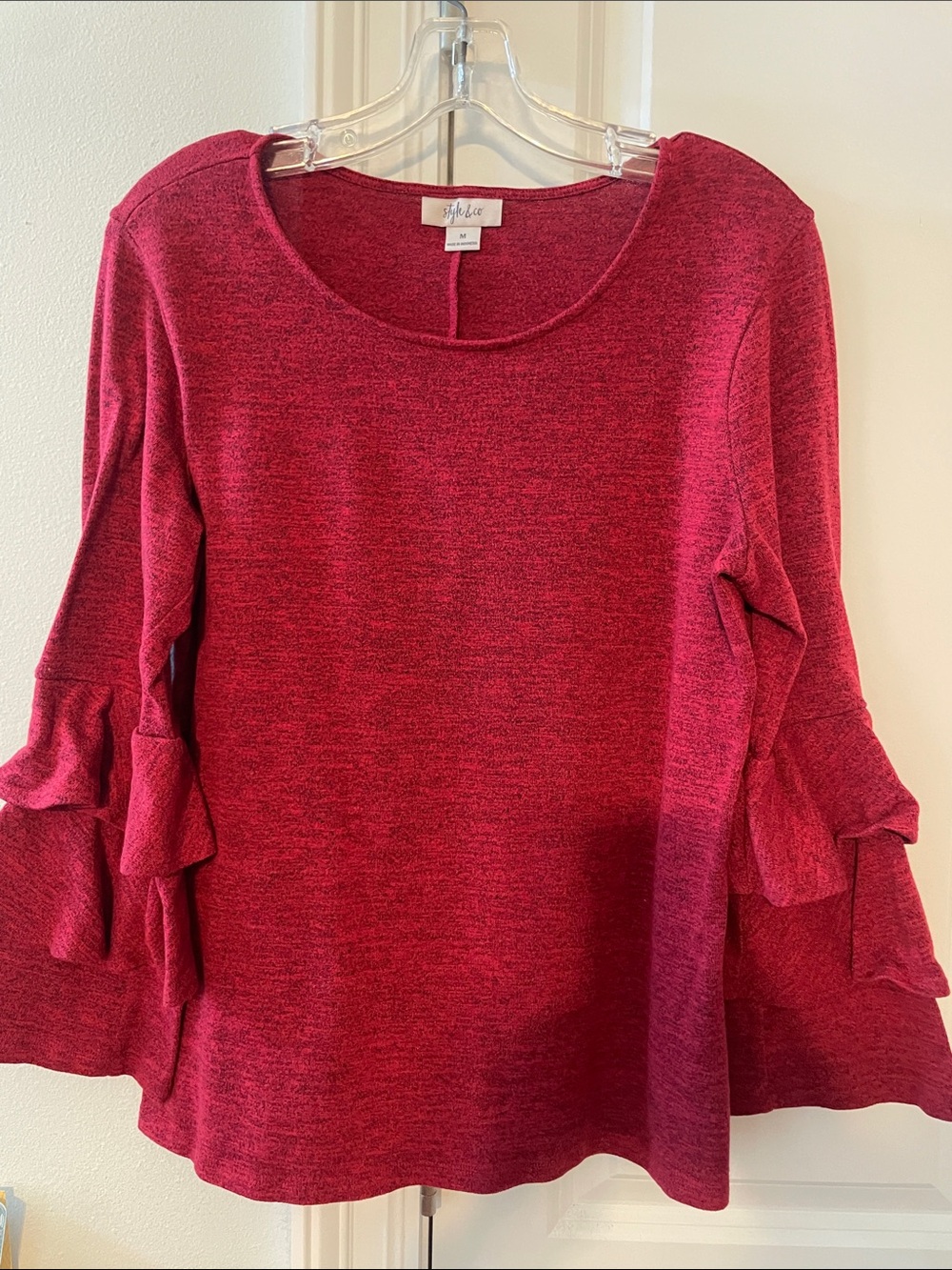 Style & Co. Women's Heathered Berry Red Ruffle-Sleeve Top